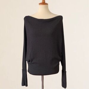 Neely Black Waffle Knit Thermal Dolman Sleeve Long Cuff Pullover